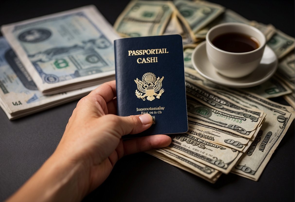 A person's hand holding a passport and a stack of cash, with a document titled "Legal Documentation for Carrying Cash" and the text "how much money can you travel with internationally" visible