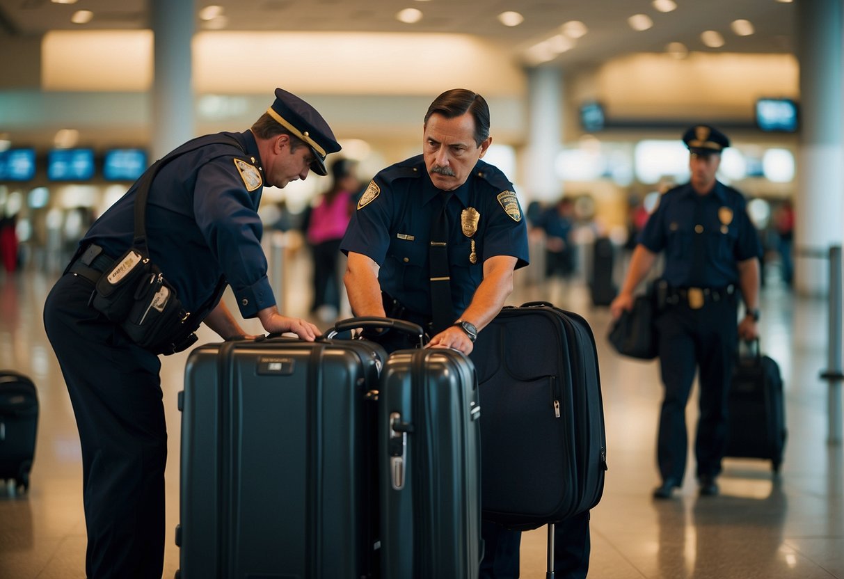 Law enforcement officer checks traveler's luggage for large sums of money at international airport checkpoint