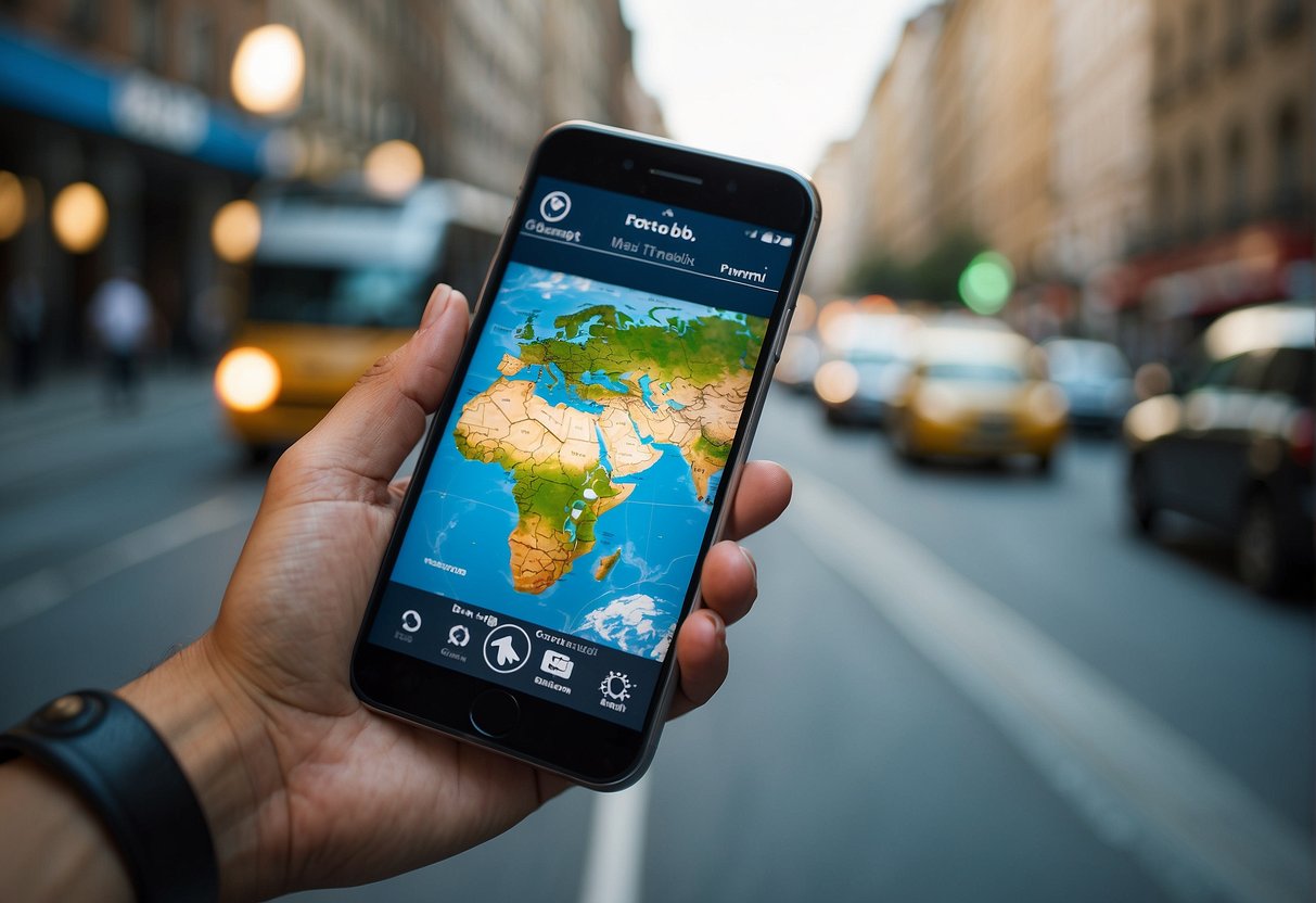 A hand holding a smartphone with a world map on the screen, surrounded by various international landmarks and modes of transportation