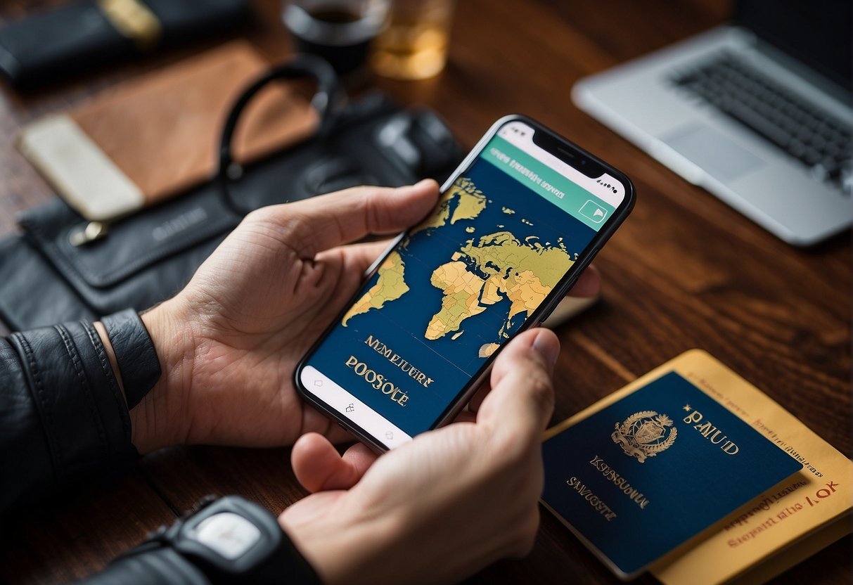 A person's hand holding a phone with a world map on the screen, surrounded by travel essentials like a passport, boarding pass, and currency from different countries