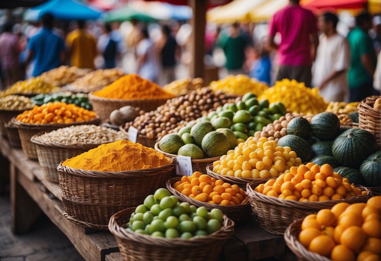 Vibrant market stalls display colorful crafts and local foods. A diverse group of travelers engage with friendly locals, immersing in cultural experiences