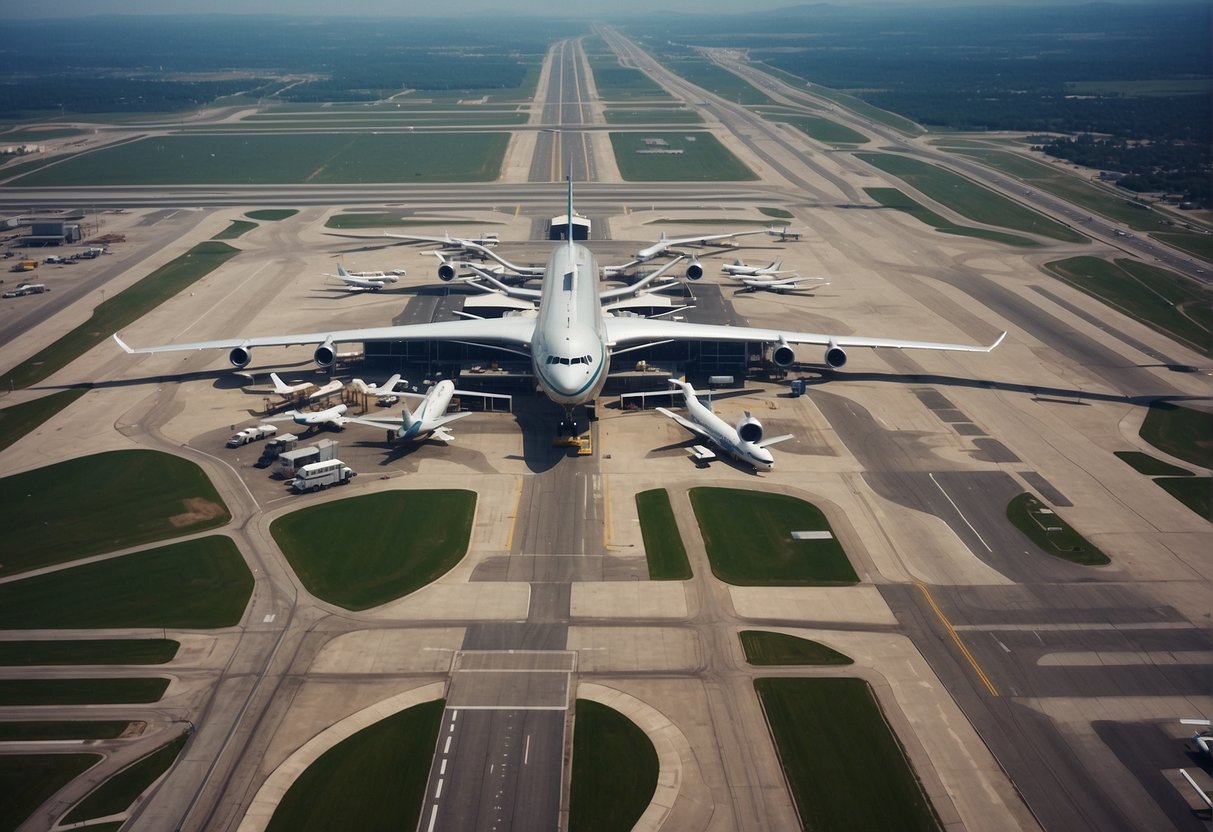 Aerial view of top ten airports with modern architecture and bustling runways. Iconic landmarks and diverse aircrafts on the tarmac