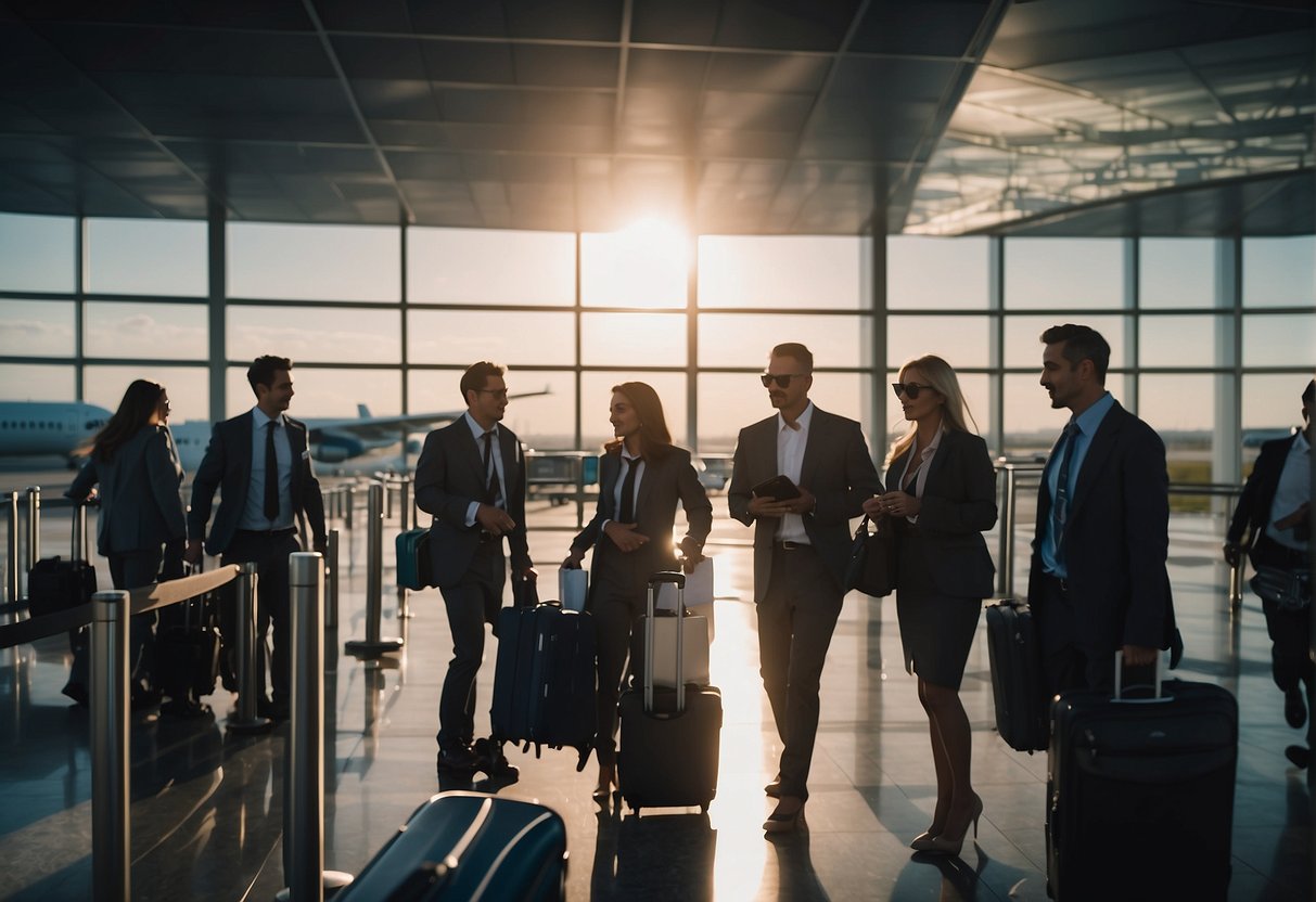 Passengers rushing to gate, airline staff checking passports, pilots preparing cockpit, luggage being loaded onto plane