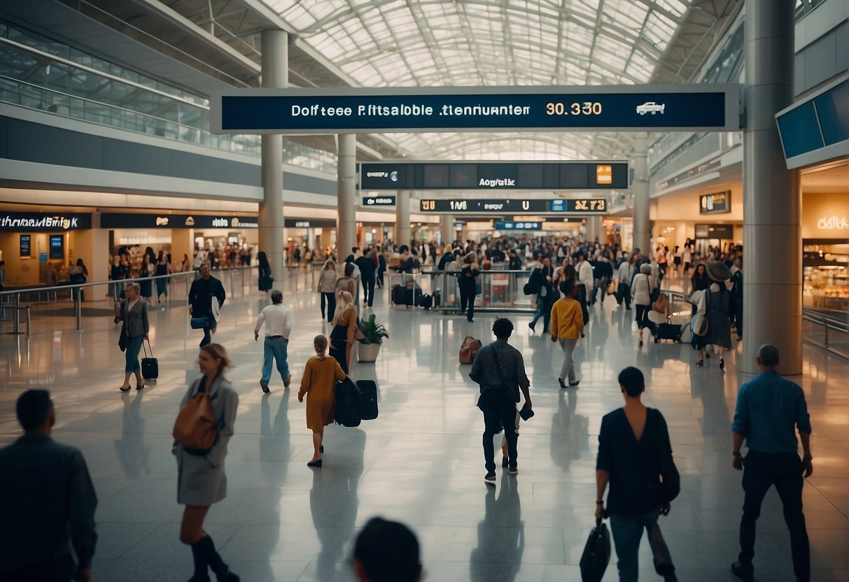 People enjoying shopping and entertainment at an airport, with signs advertising affordable international trips