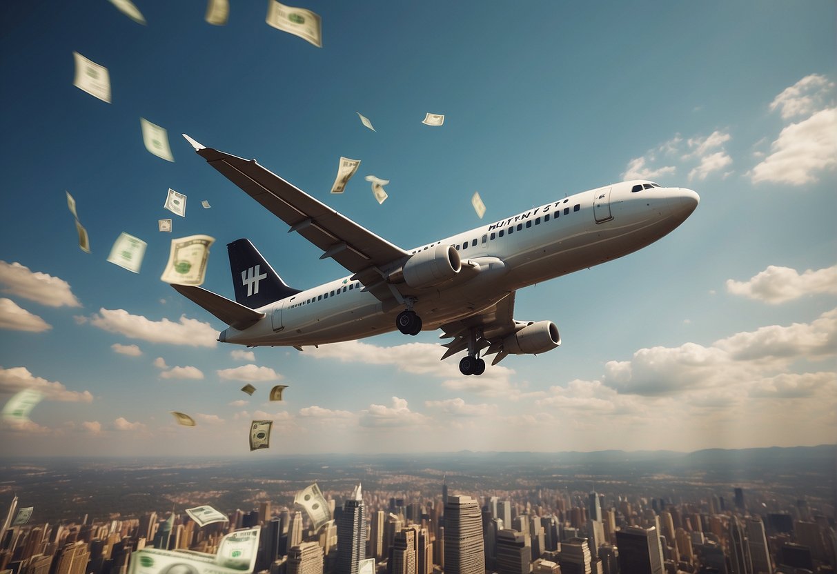 An airplane soaring through the sky with a price tag attached, surrounded by dollar signs and question marks