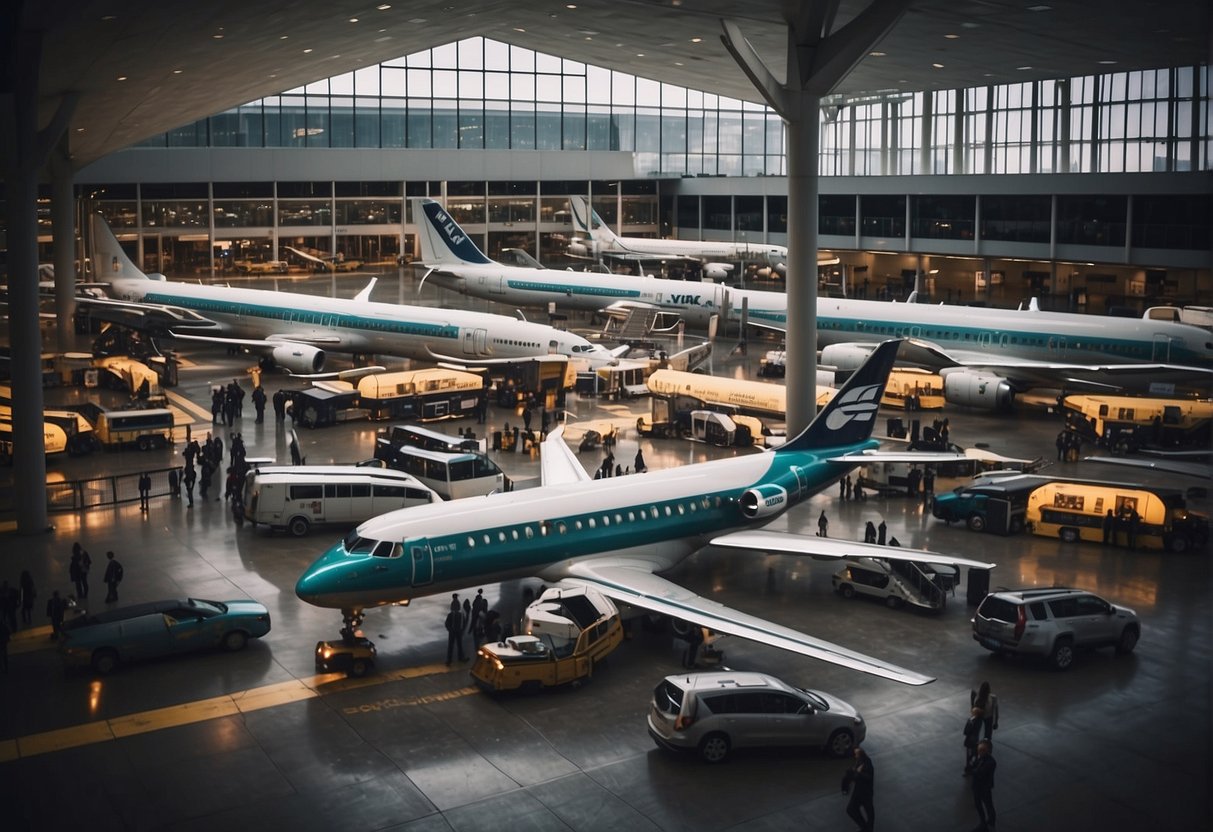 A bustling airport terminal with planes parked at gates, taxis lined up outside, and a shuttle bus transporting passengers to and from the terminal