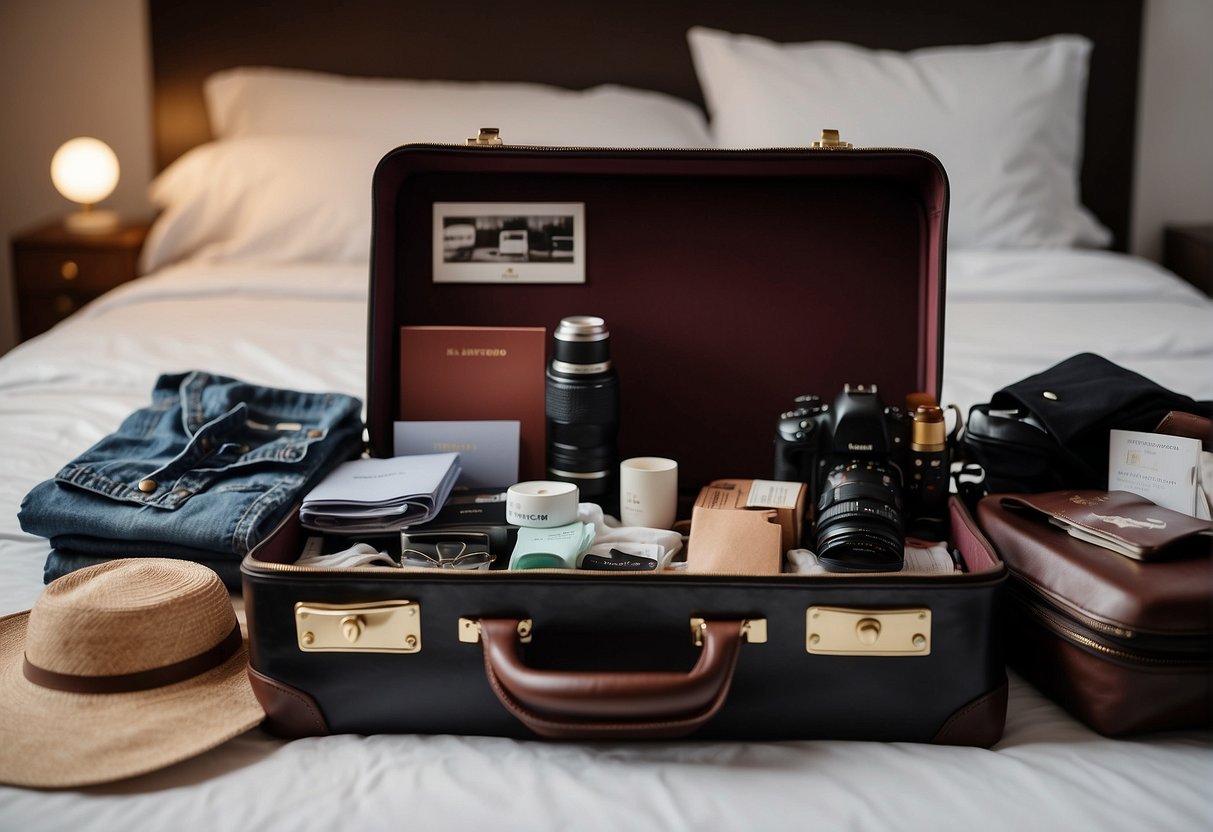 Various clothing, toiletries, and travel essentials laid out on a bed. A suitcase open with items being neatly folded and placed inside. A passport and travel documents nearby