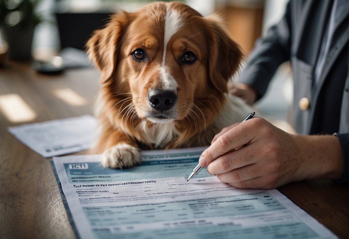 A veterinarian filling out a pet health certificate with country-specific requirements for international travel