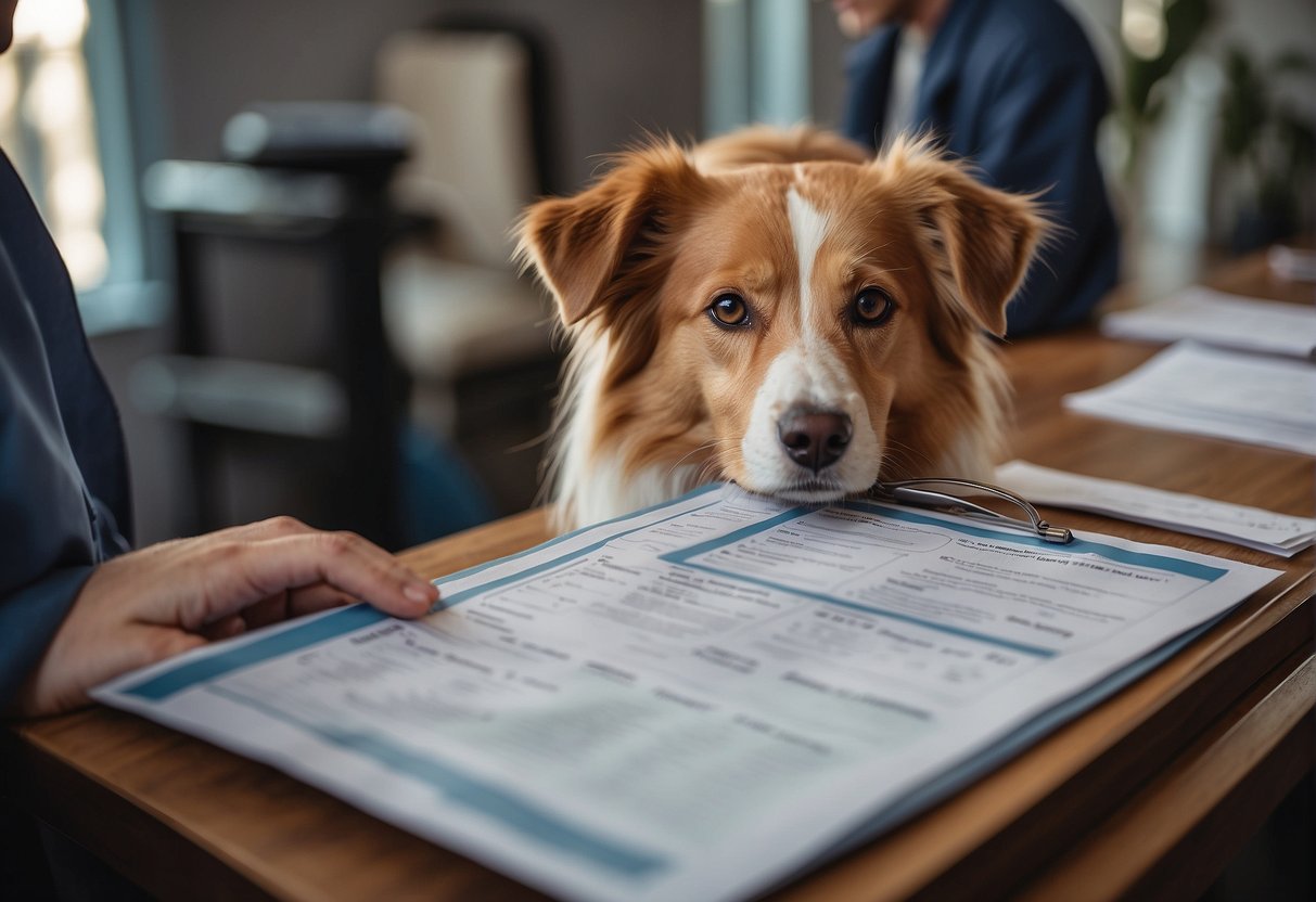 A veterinarian fills out a pet health certificate, with a map and international travel details in the background