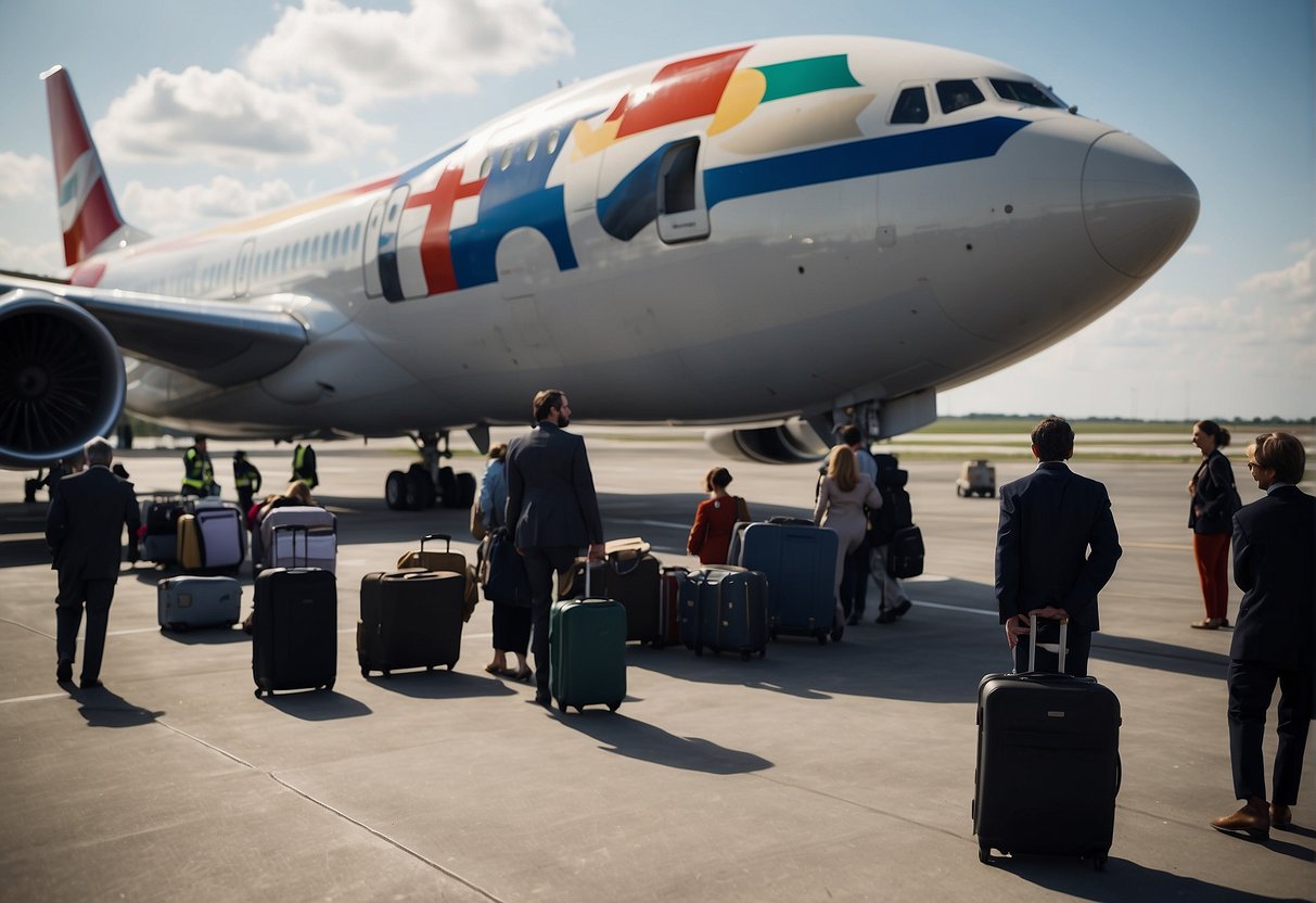 Passengers board a large airplane with multiple national flags painted on its exterior. Baggage carts line the tarmac as workers load suitcases onto the plane