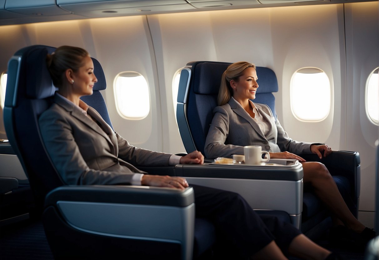 Passengers recline in spacious seats, enjoying in-flight entertainment. Flight attendants serve gourmet meals and beverages. The cabin is filled with soft ambient lighting and a sense of relaxation