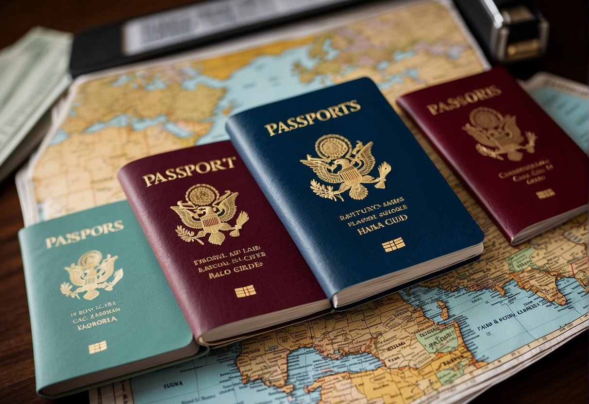 Passports, boarding passes, and luggage laid out on a table. A world map and travel guides in the background