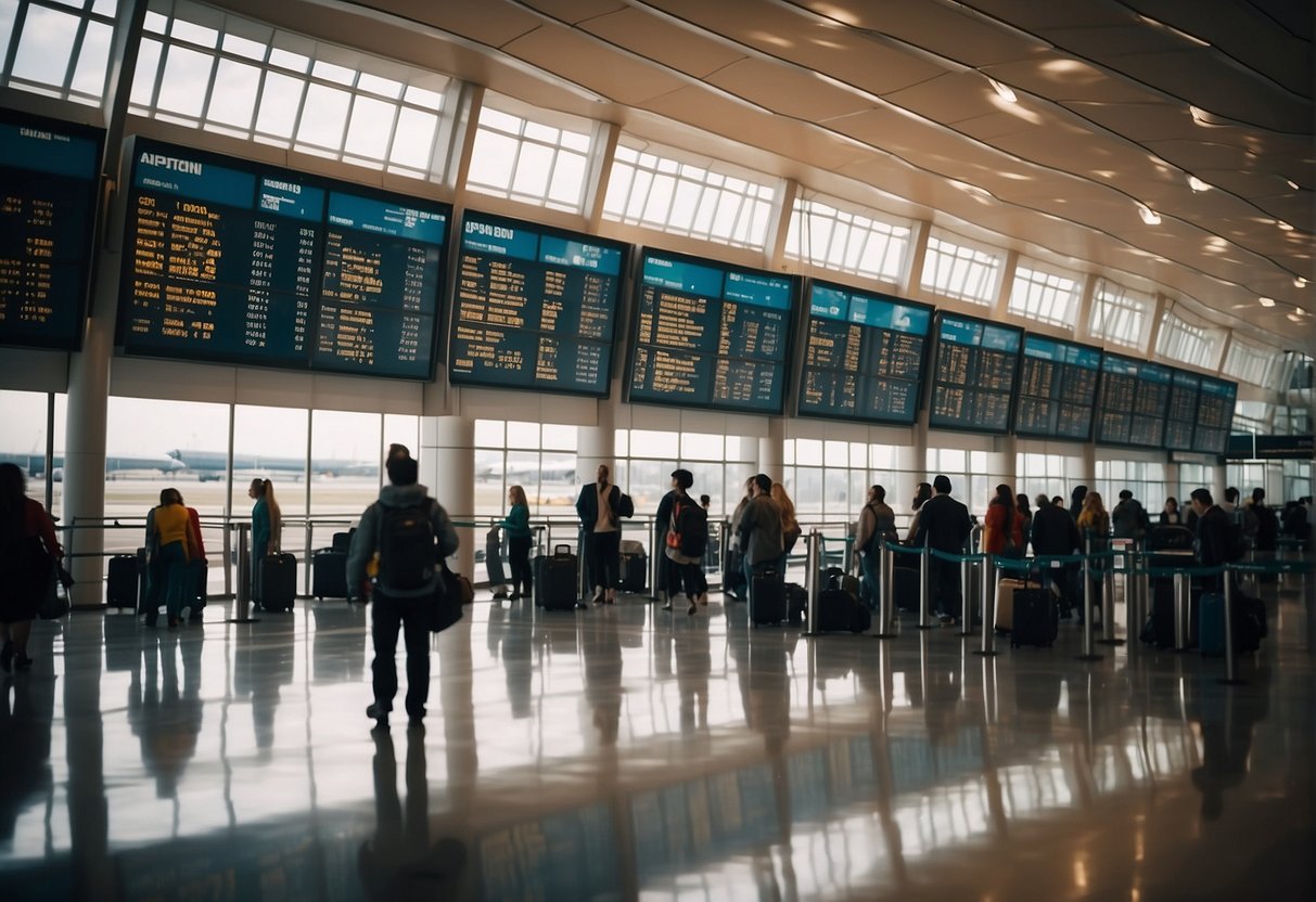 A bustling airport terminal with planes on the runway, passengers boarding, and luggage being loaded onto the planes. The departure board displays international flight information