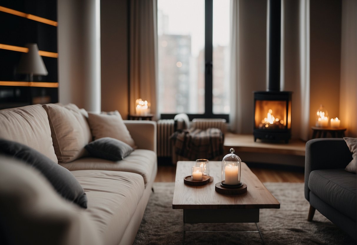 A cozy living room with a plush sofa, soft lighting, and a crackling fireplace. A serene bedroom with a comfortable bed and luxurious linens