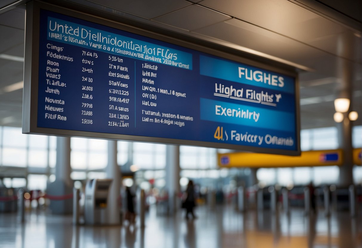 "United International Flights" sign at airport gate with planes in background