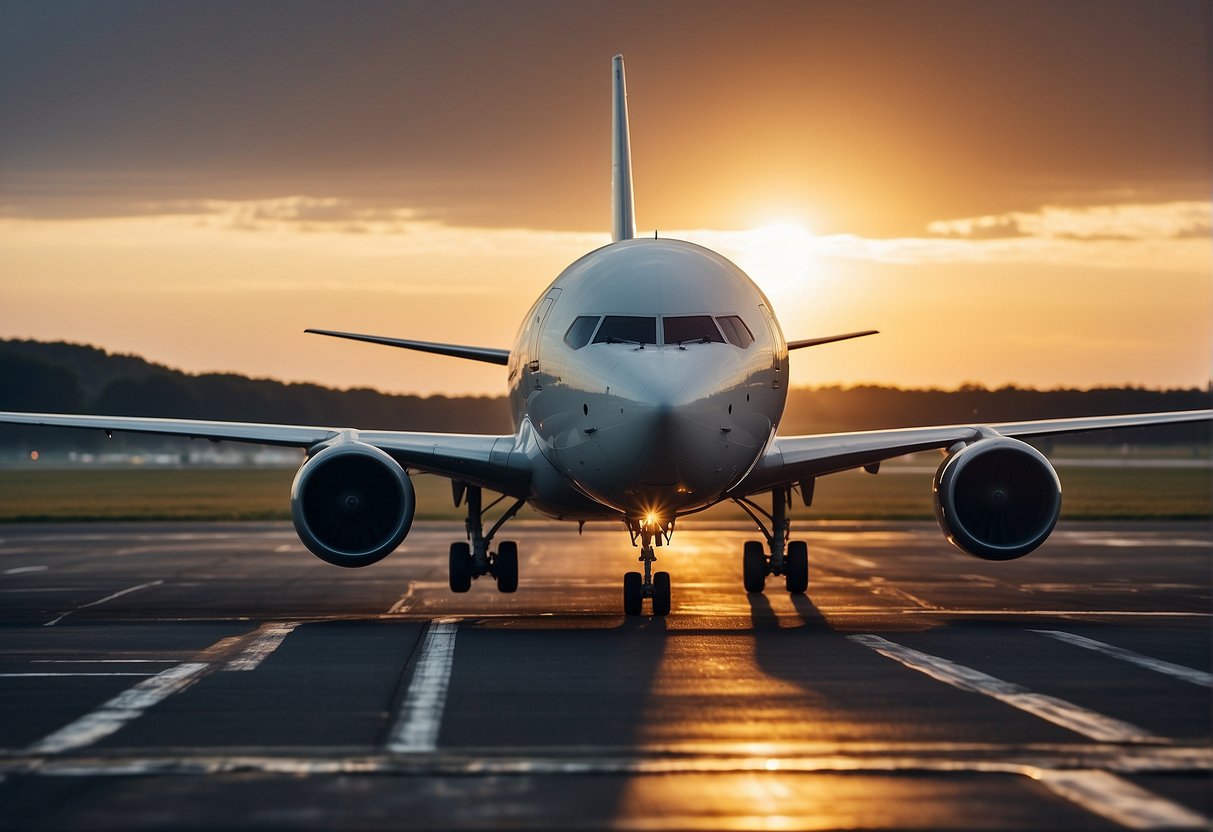 A bustling airport runway with a large airplane landing, surrounded by ground crew and vehicles. The sky is clear, and the sun is beginning to set