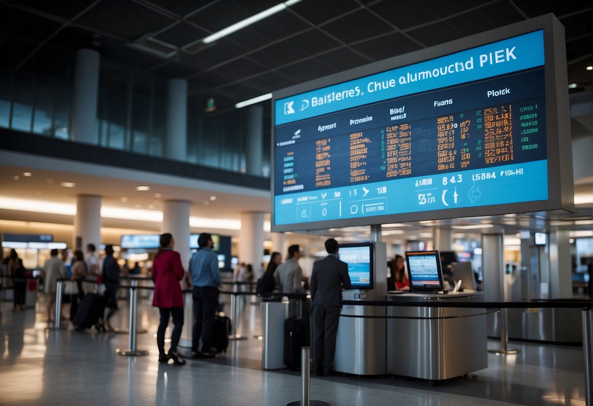 Passengers queue at a customer service desk. Flight arrival time displays on a digital board. Airline policies are visible on a nearby sign