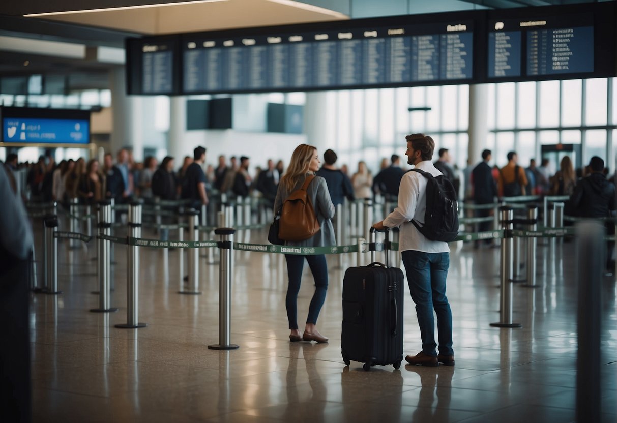 Passengers waiting at an airport gate, checking arrival screens for international flight times. Baggage carts and bustling activity in the background