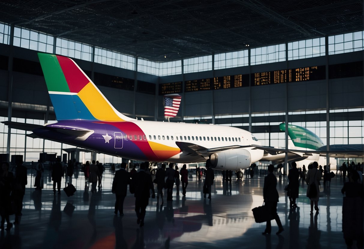 Passengers disembark from a sleek airplane onto a bustling airport tarmac, greeted by a colorful array of international flags and a backdrop of towering city skyscrapers