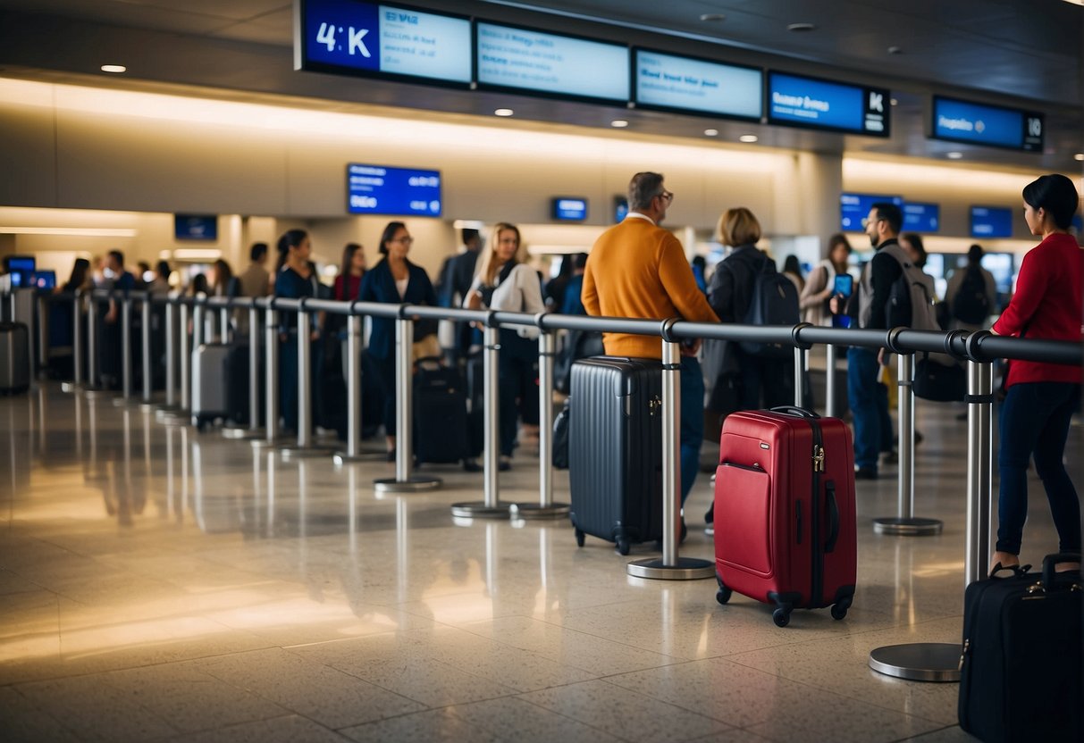 Passengers line up, luggage in hand, at United Airlines check-in counter for international flights. Signs display baggage policies and restrictions