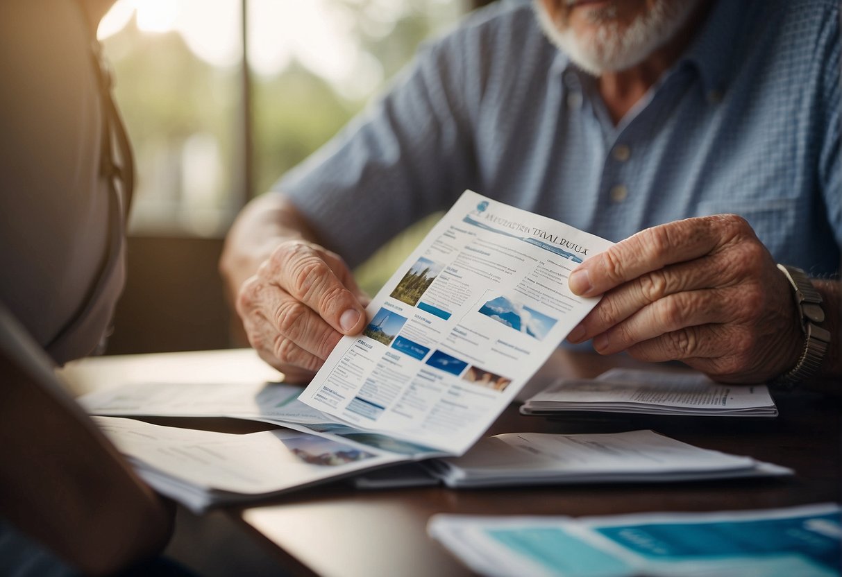 Senior travelers browsing travel insurance brochures with a list of frequently asked questions