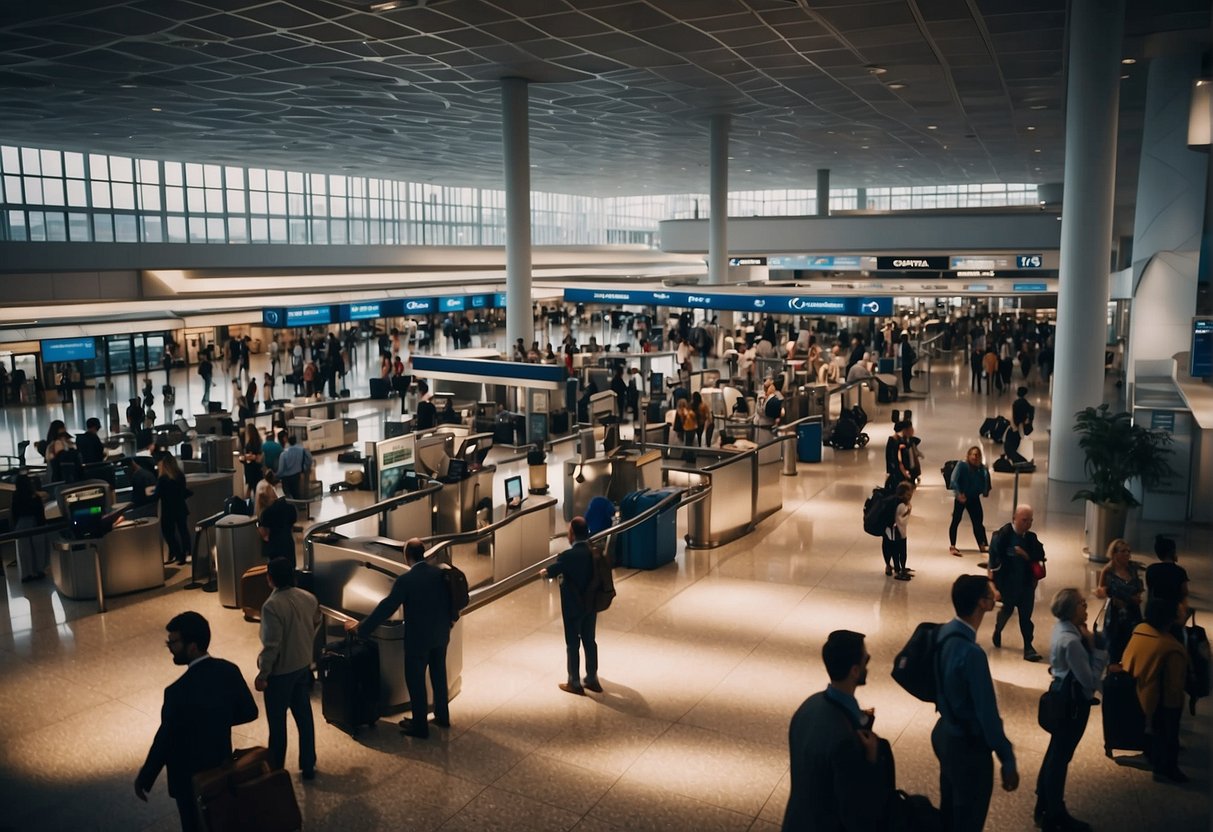 A bustling airport terminal with travelers checking in at Capital One Travel desks, luggage being loaded onto conveyor belts, and planes taking off into the sky