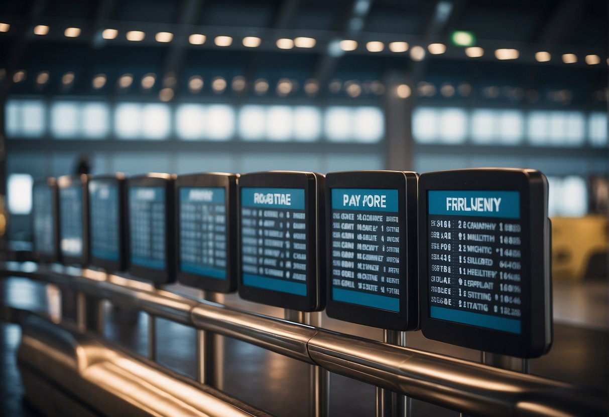 A line of international airplanes waiting for takeoff. A sign reads "Frequently Asked Questions" above the gate