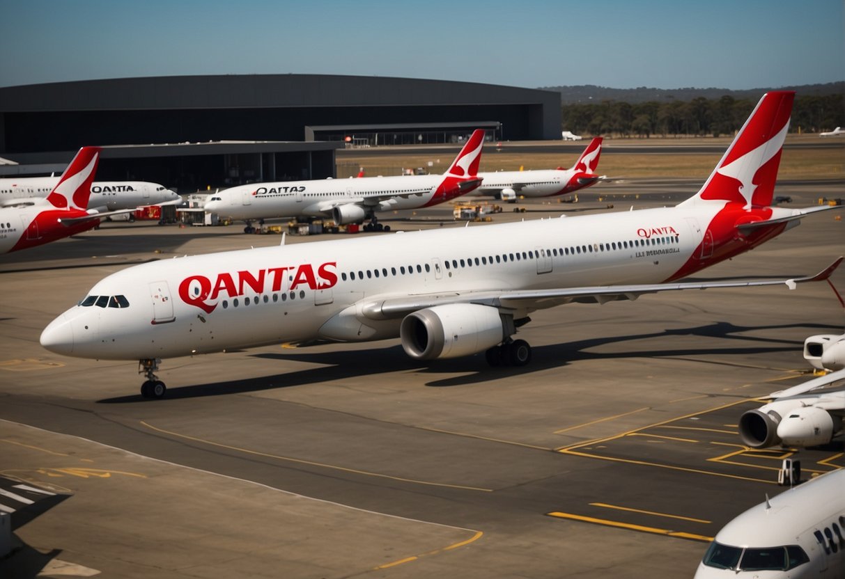 Qantas international flights take off from a bustling airport, with planes taxiing on the runway and passengers boarding under the iconic red and white logo