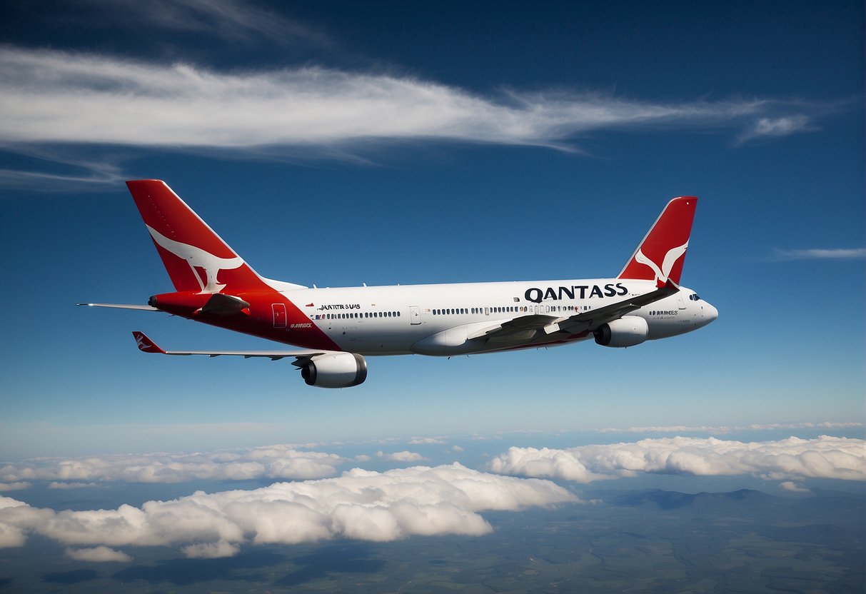 A Qantas plane takes off into a bright blue sky, with the airline's logo prominently displayed on the tail. The plane is surrounded by fluffy white clouds as it embarks on an international flight