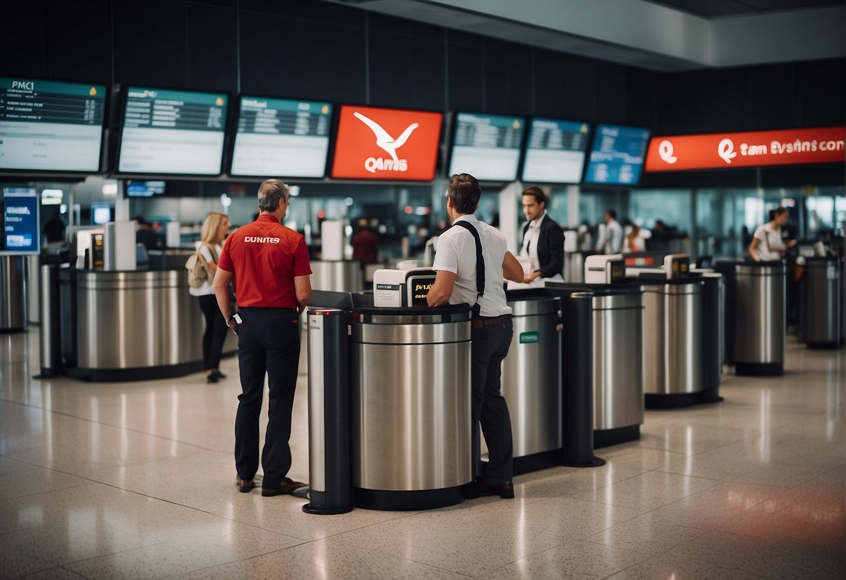 Passengers at an airport check-in counter, with Qantas signage and staff assisting with international flight inquiries