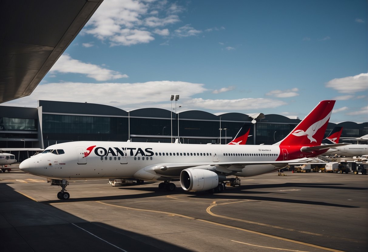 Qantas international flights: planes on tarmac, staff at desks, passengers boarding