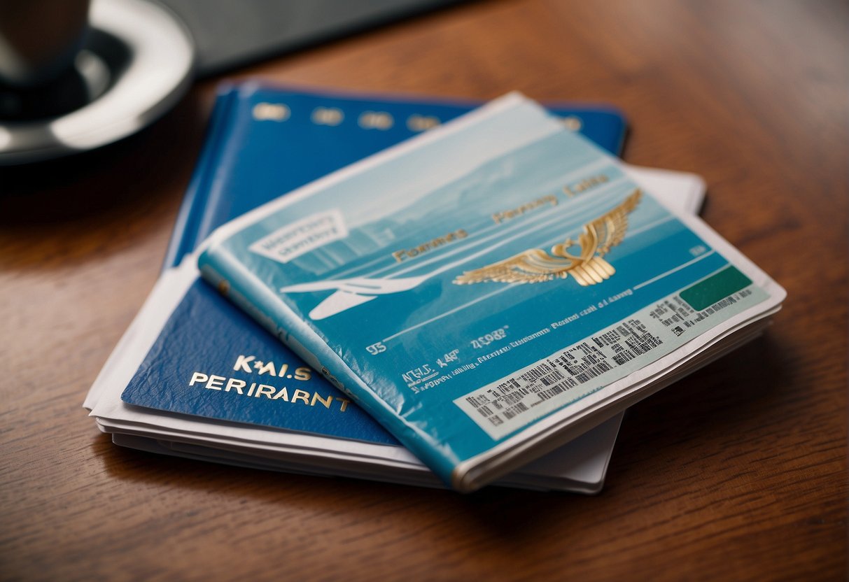 A passport, airplane ticket, and travel insurance brochure lay on a table. The Kaiser Permanente logo is prominently displayed on the brochure cover