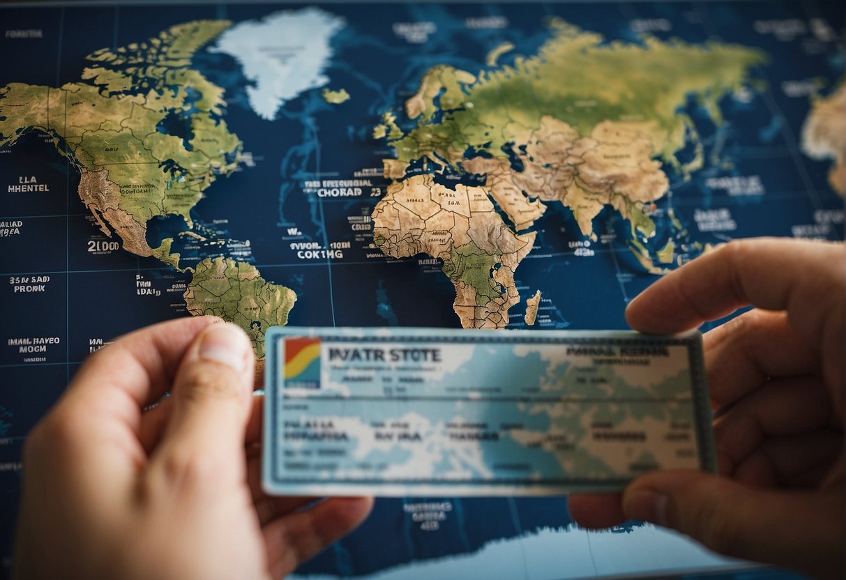 A traveler holding a Kaiser Permanente international travel coverage card while standing in front of a world map, with various destinations highlighted