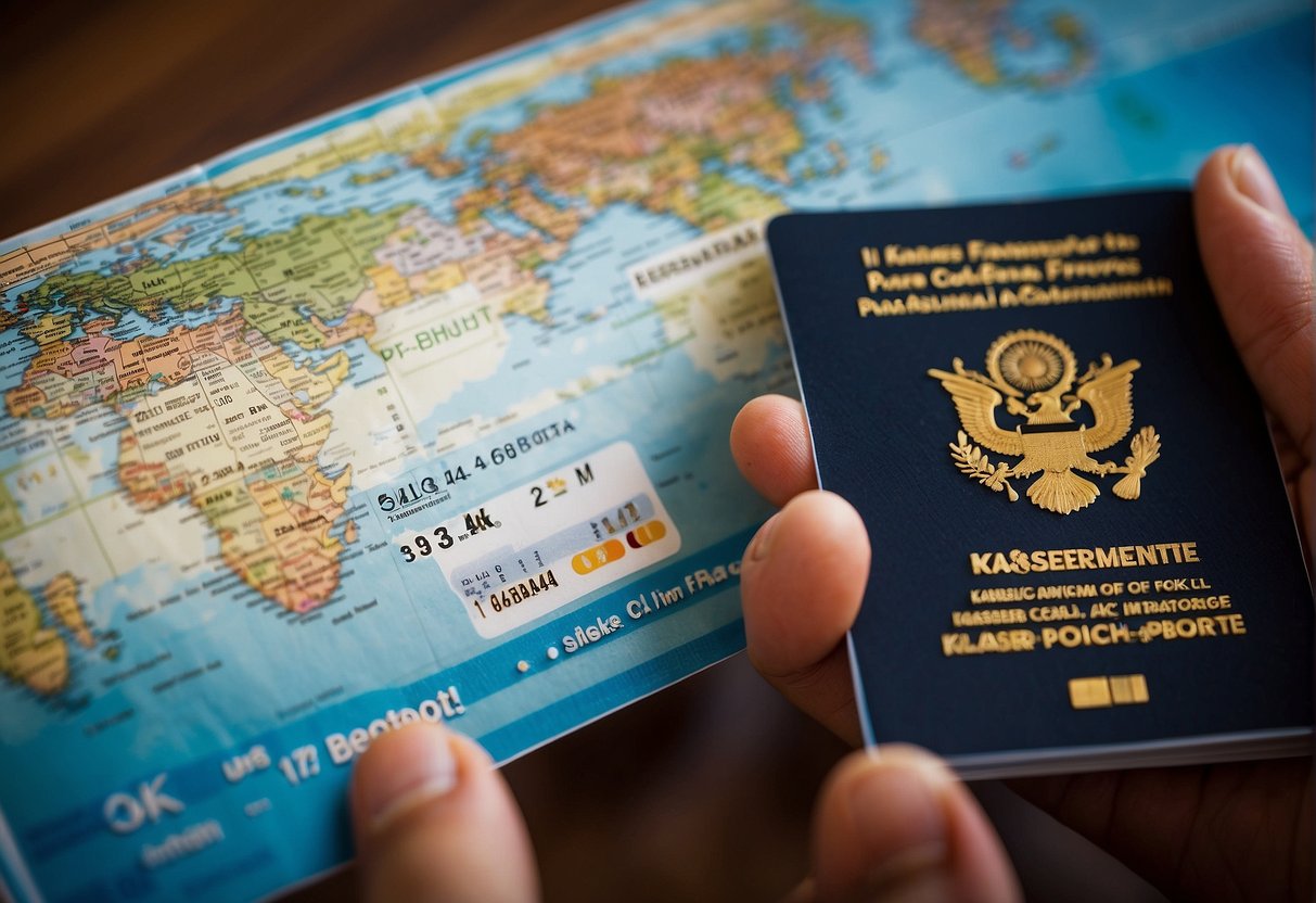 A traveler holding a Kaiser Permanente international travel coverage card, surrounded by a globe, passport, and luggage