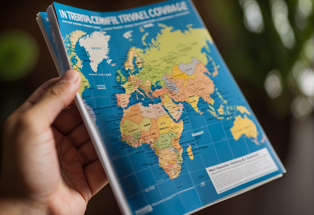 A traveler holding a Kaiser Permanente international travel coverage brochure, with a world map and passport in the background