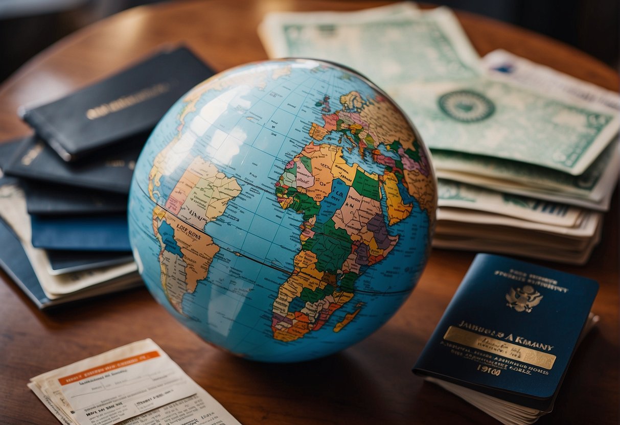 A globe surrounded by travel documents, passports, and a Kaiser Permanente insurance card