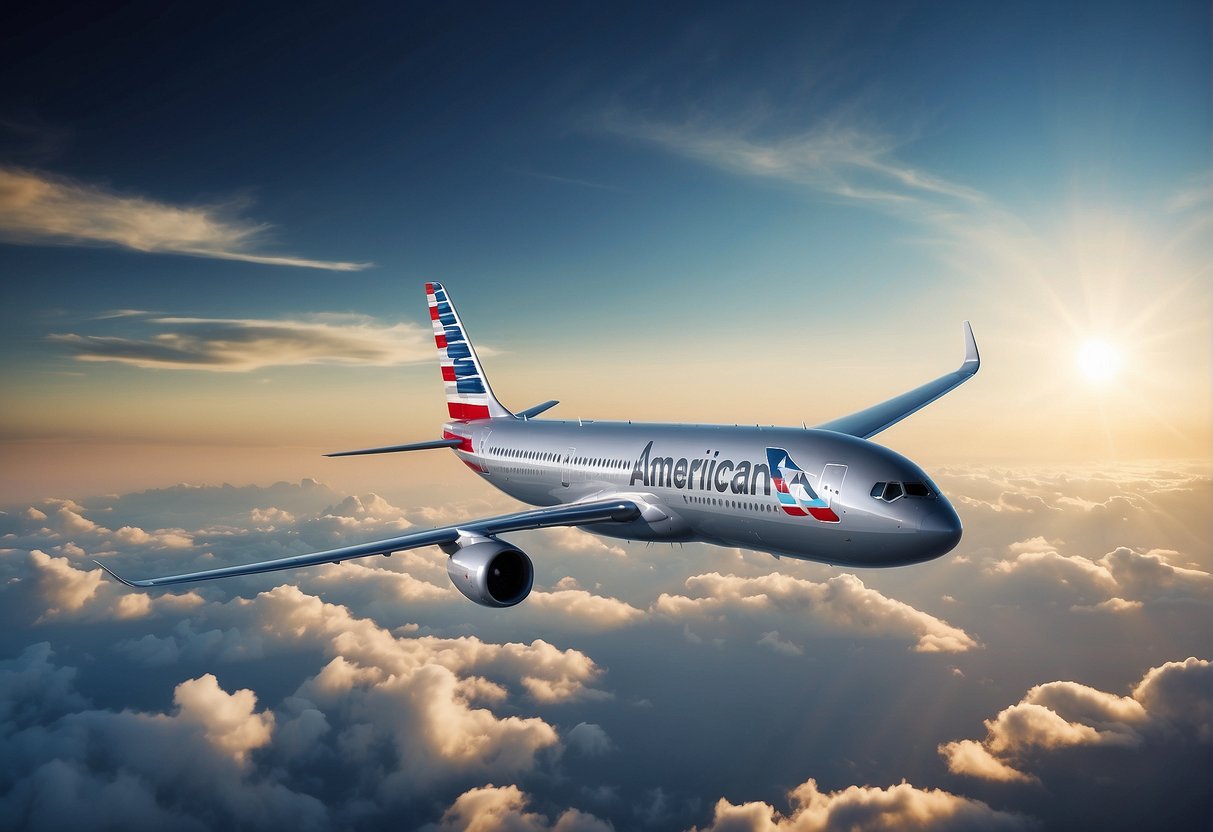 The scene shows a sleek, modern airplane with the American Airlines logo, flying high above the clouds, with a map of international destinations displayed on the in-flight entertainment screens