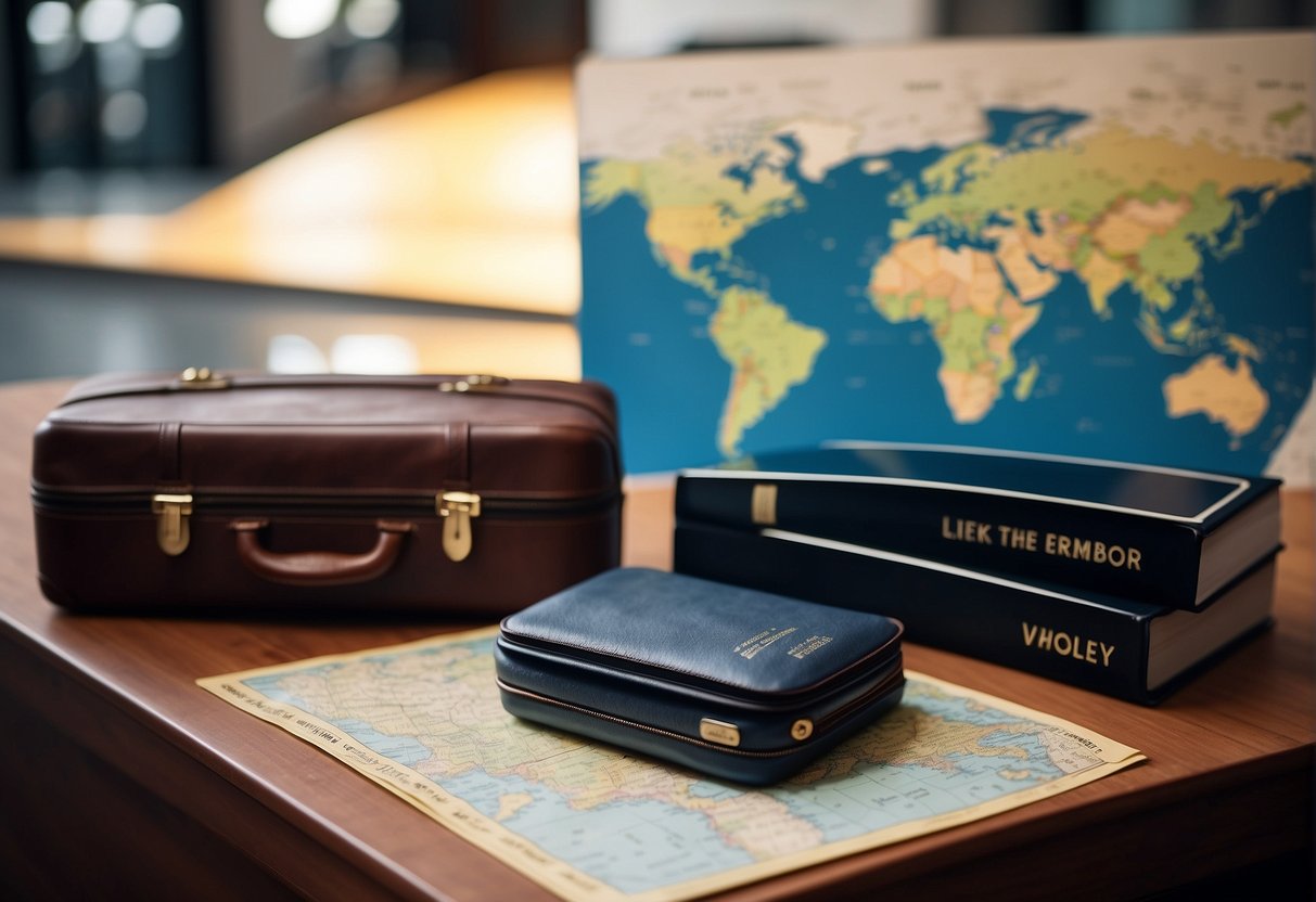 A suitcase, passport, and boarding pass on a table, with a world map in the background