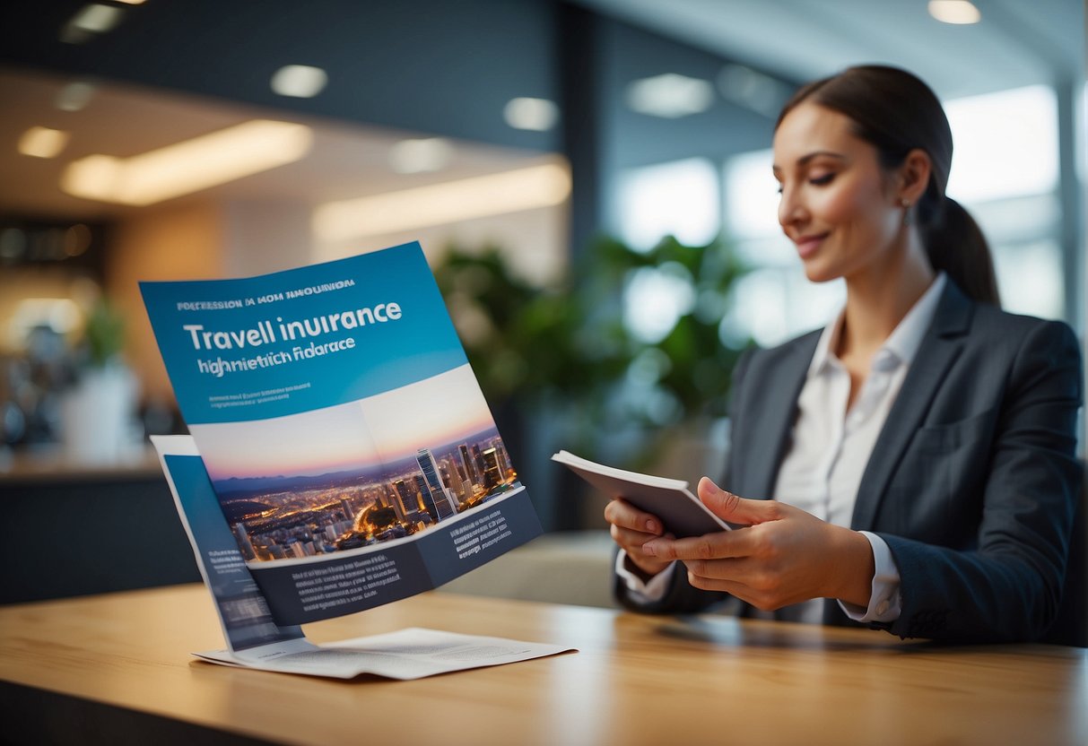 A person confidently selects a travel insurance brochure from a display, while a representative stands ready to assist