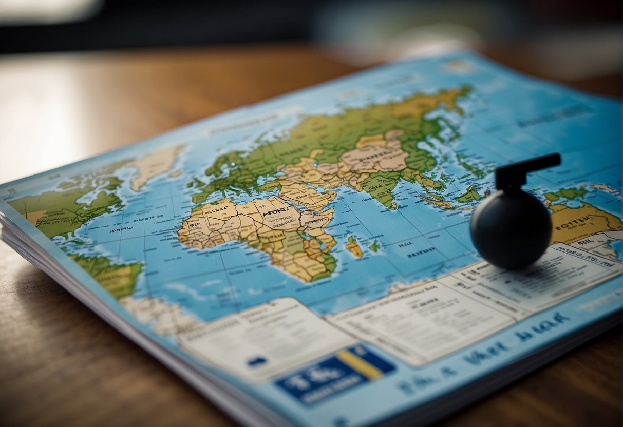 A passport, boarding pass, and a globe on a desk with a world map in the background