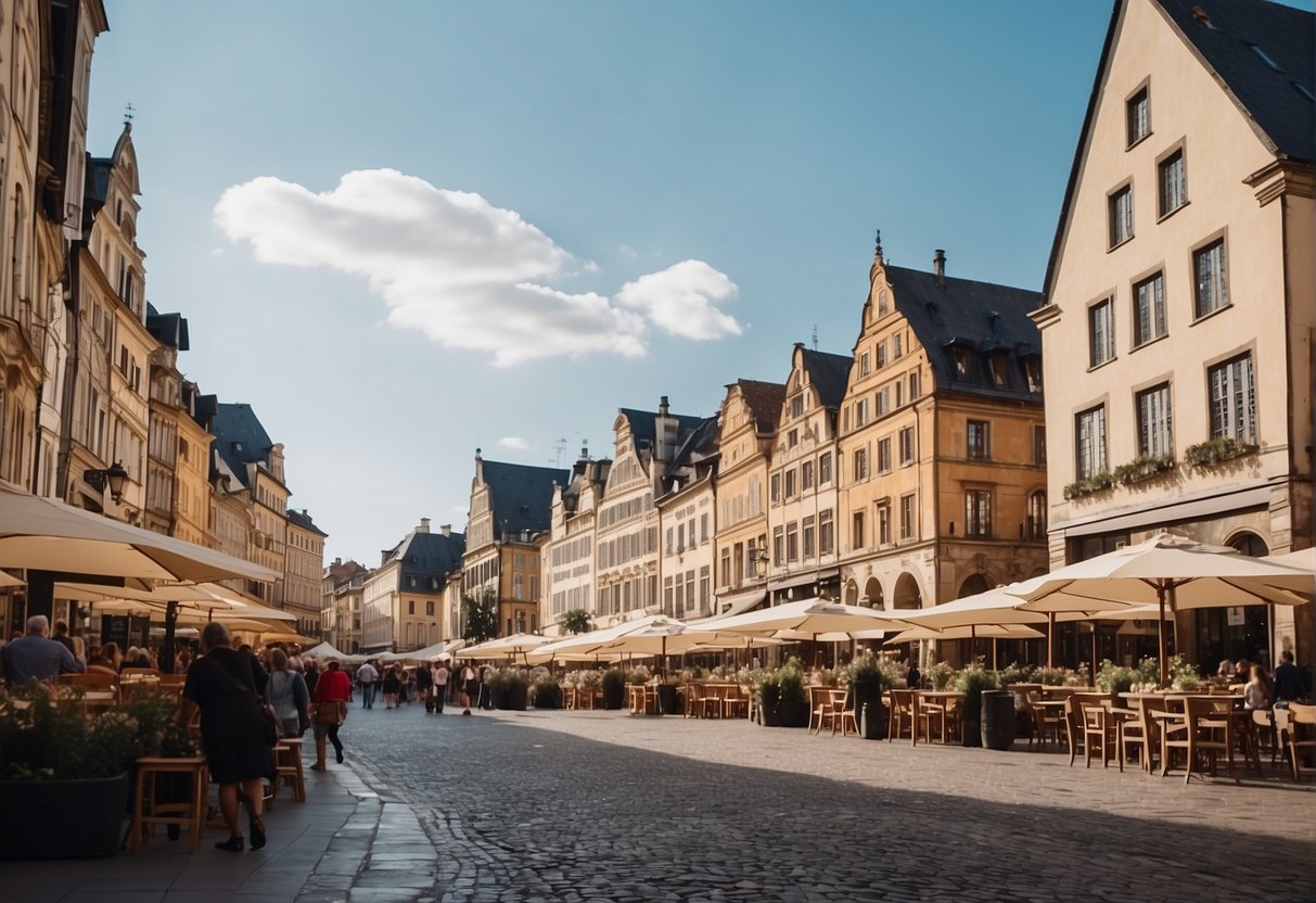 A bustling European city square with iconic architecture, cobblestone streets, outdoor cafes, and a mix of locals and tourists