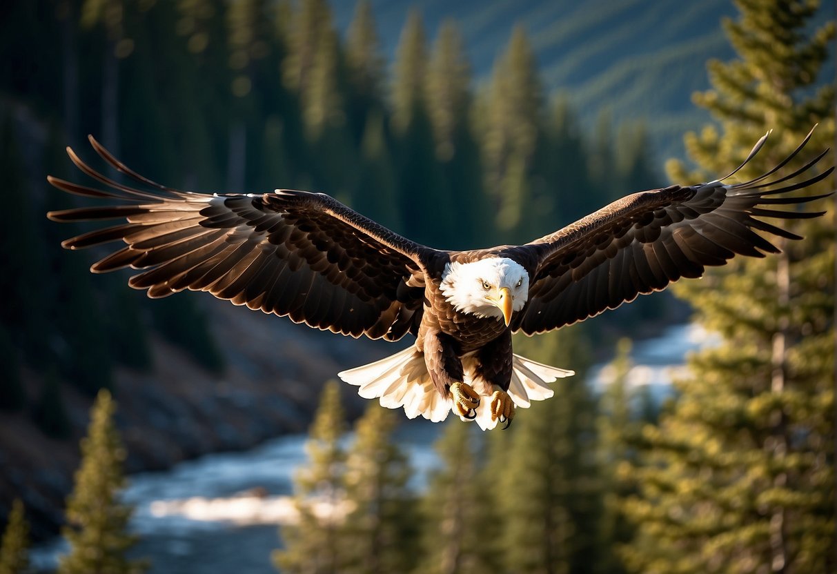 A majestic bald eagle soars over the rugged peaks of the Rocky Mountains, as a rushing river winds through the lush forests below