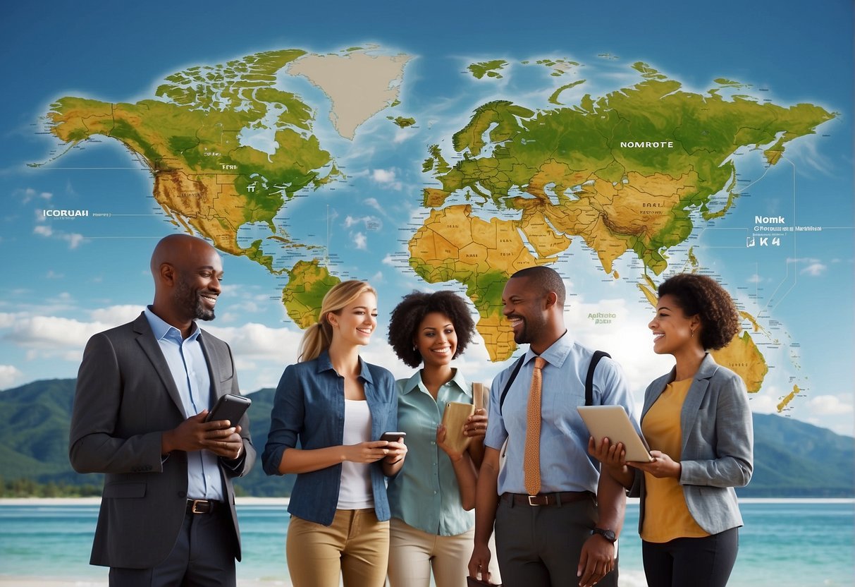 A group of diverse people actively engaging with travel resources provided by PJR International. Maps, brochures, and digital devices are being used