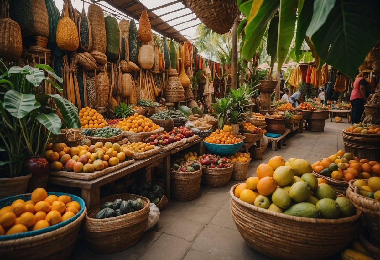 A vibrant market with colorful textiles, handcrafted pottery, and traditional musical instruments on display. Lush tropical plants and exotic fruits add to the lively atmosphere