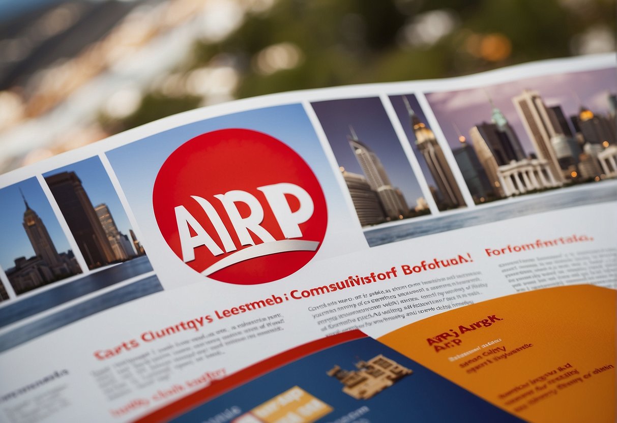 AARP logo displayed on a travel insurance brochure with international landmarks in the background