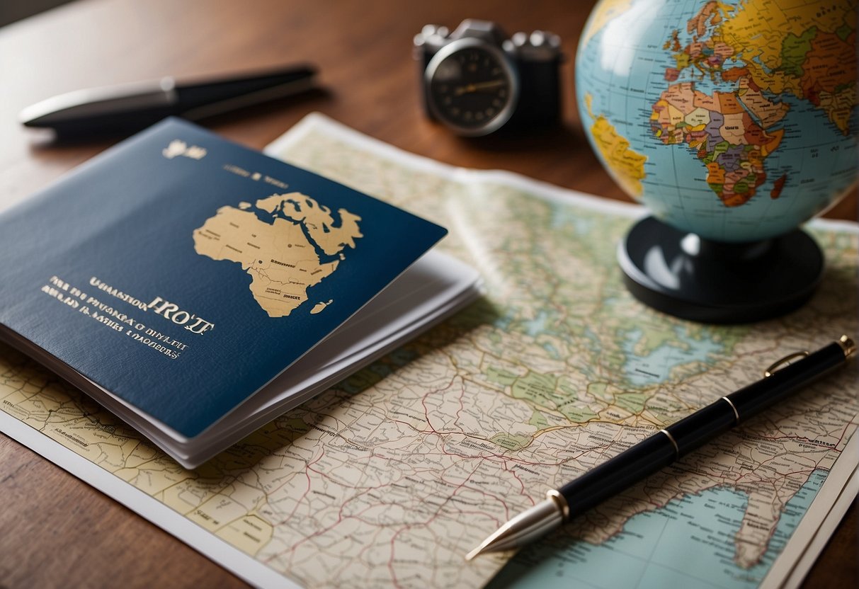 A passport, plane ticket, and a map on a table with a world globe in the background