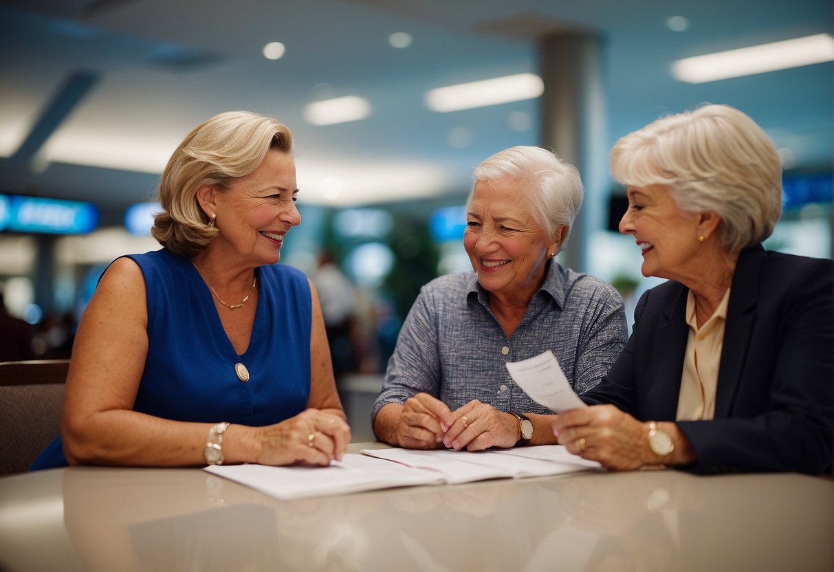 AARP members discussing travel plans, passports, and AARP travel insurance for an international trip