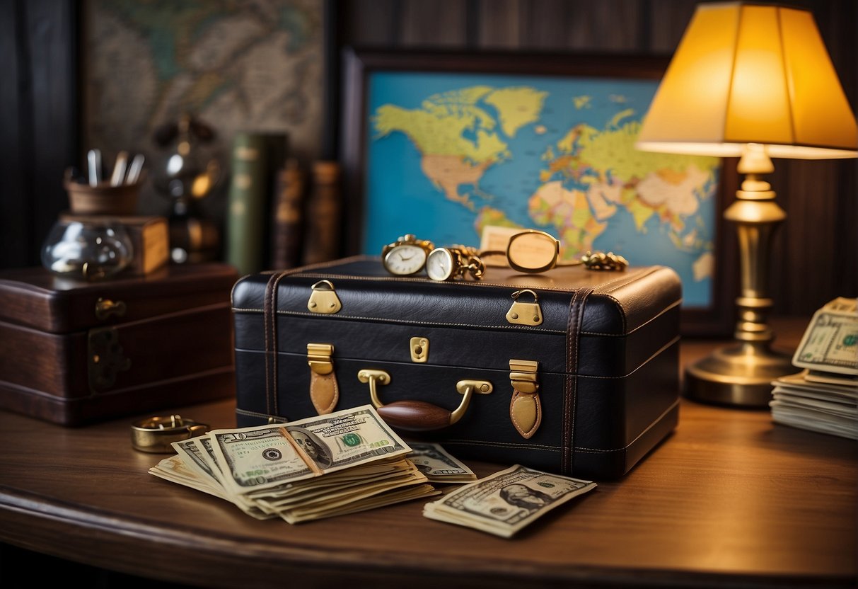 A sturdy safe sits on a polished wooden desk, surrounded by passports, jewelry, and cash. A world map hangs on the wall behind, with pins marking various destinations