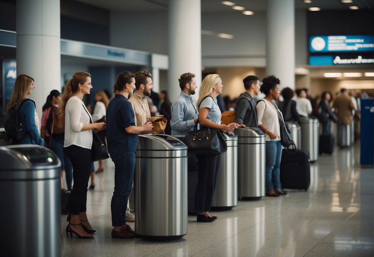 Passengers waiting in line at airport security, removing shoes and placing belongings in bins. Signs display travel etiquette reminders