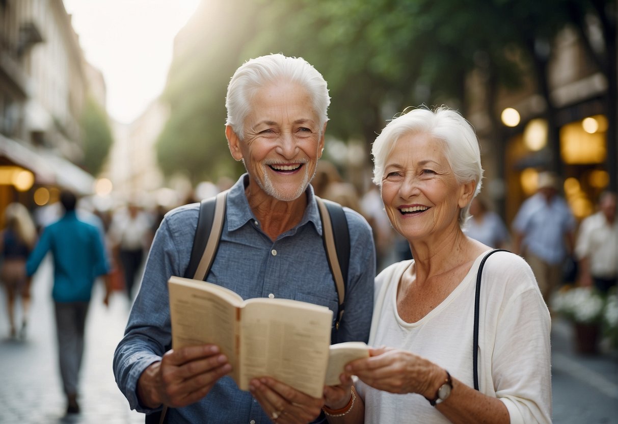 An elderly couple happily exploring a foreign city, with AARP travel insurance visible on their itinerary